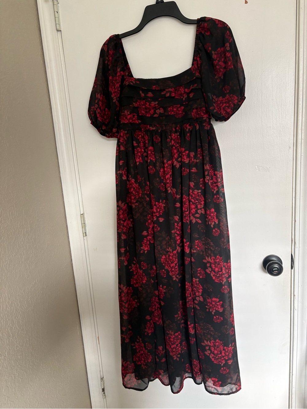 Wallflower Black Maxi Dress with Red Floral Print and Puff Sleeves - Picture 2 of 7